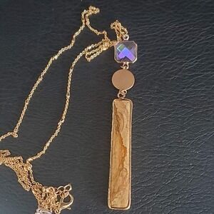 NWT Meghan Browne Style Necklace Gold Tone with Jasper Pendant and AB Accent